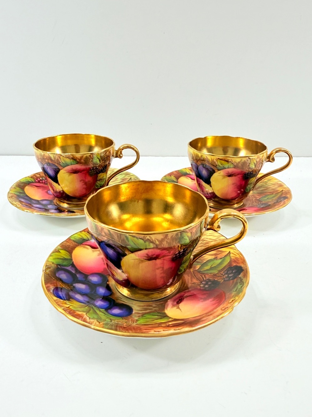 Set Of 3 Aynsley N. Brunt Signed Fruit Orchard Gold Teacups Cups & Saucers  Vtg